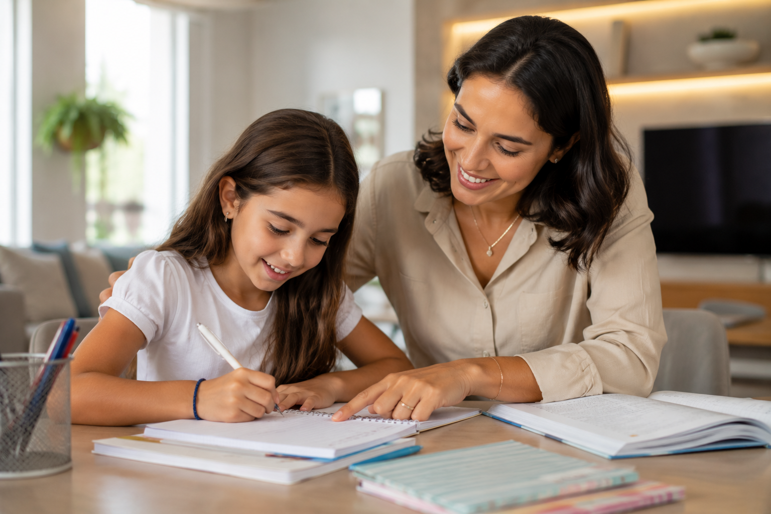 Mãe acompanhando filha nos estudos em casa